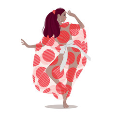 Beautiful girl dancing barefoot and in a transparent dress. Vector illustration 