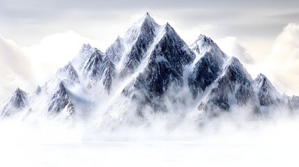 Majestic Snowy Mountain Peak Emerging Through Foggy Winter Landscape Under Cloudy Sky