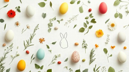 Whimsical Easter Egg and Flower Flat Lay with Line Art Rabbit