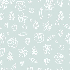 White Hand Drawn Floral Pattern, Light Blue Background, Nature Design