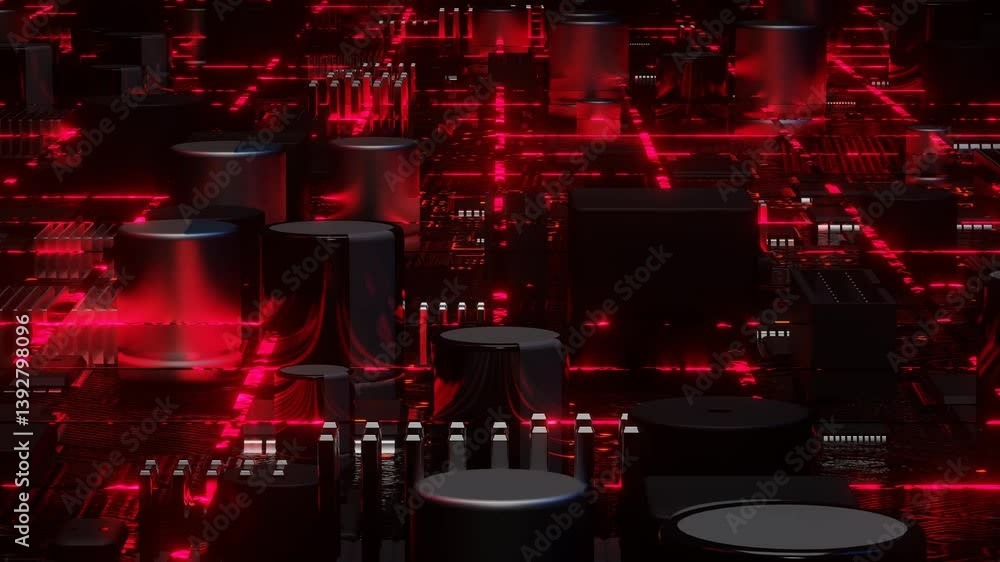 Poster endless forward motion over abstract motherboard model with blinking grid. 3d render looped animatio
