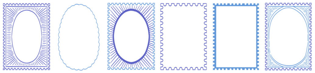 Stamp letter mark inspired frames for greeting cards, wedding and birthday party, picnic invitations in marine sea coastal style. Hand drawn ornament borders for social media travel vacation template. © KPstudio