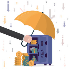 Steel safe with money, earnings protection. Businessman hand holding umbrella protecting strongbox from arrows rain in economy crisis or market crash.