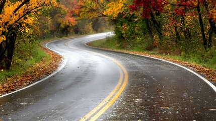Fototapeta premium Winding Road Through Colorful Autumn Forest with Rain and Reflections on the Pavement
