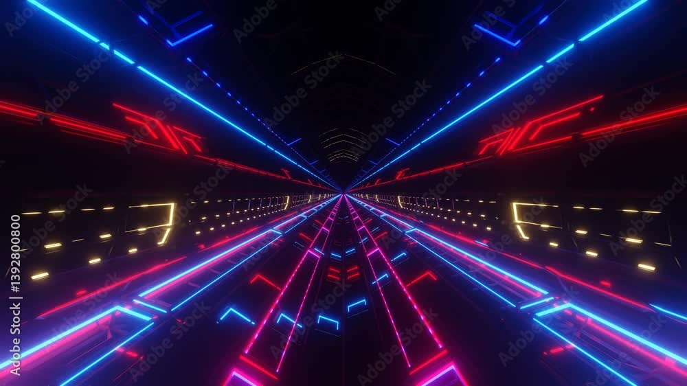 Poster endless forward movement in a dark tunnel of lattice with flashing red and blue lighting. 3d render 