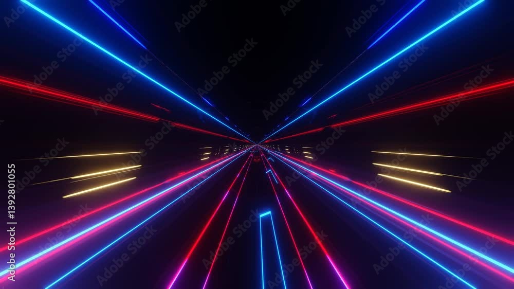 Poster endless forward movement in a dark tunnel of lattice with flashing red and blue lighting. 3d render 