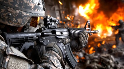 Soldier in Tactical Gear Aiming Firearm Amidst Explosive Combat Environment