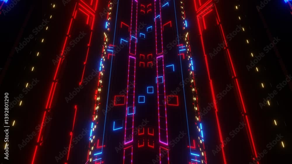 Poster endless forward movement over the grid with flashing red and blue lights. 3d render looped animation