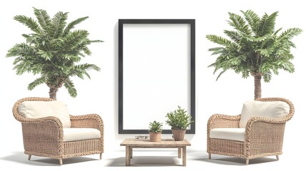 Modern Living Room with Stylish Armchairs and Decorative Plants on a Light Background