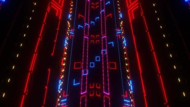 endless forward movement over the grid with flashing red and blue lights. 3d render looped animation.