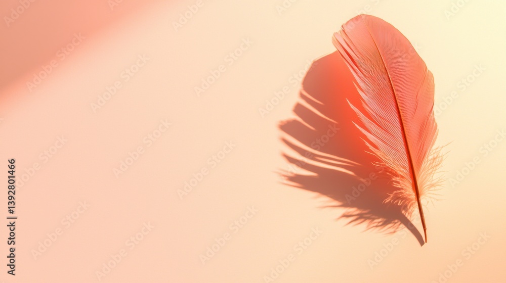 Poster a single delicate light coral feather casts a long shadow on a pale peach background illuminated by 