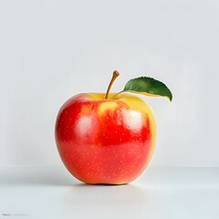 Vibrant Red and Yellow Apple with Leaf on a Clean White Background