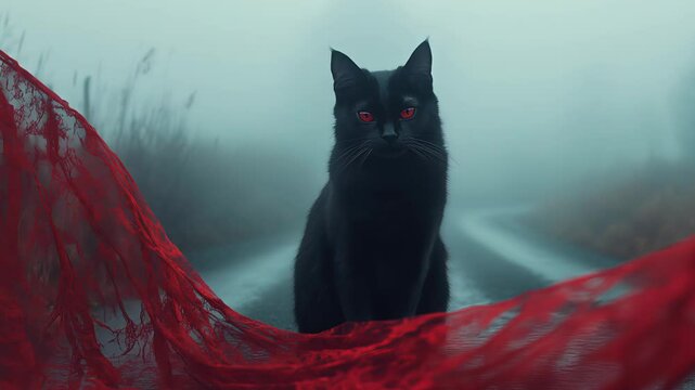 Mysterious black cat stands in foggy landscape with red fabric at dawn