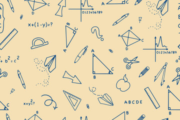 Seamless pattern of school supplies for geometry, triangles and equations in doodle style