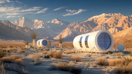 Futuristic Habitat Structures Surrounded by Mountains in a Desert Landscape