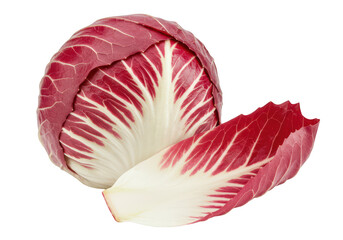 Close view of radicchio head and single leaf on display on transparent background