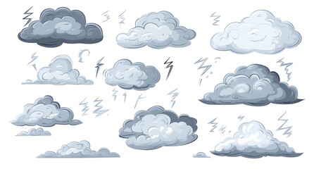 Clipart set of gray storm clouds with lightning, white background