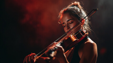 Female violinist performing passionately with eyes closed