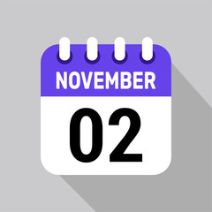 calendar 2 november icon vector date background. Vector schedule symbol.