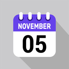 calendar 5 november icon vector date background. Vector schedule symbol.