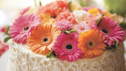 Close-up of a white cake decorated with vibrant gerbera daisies.