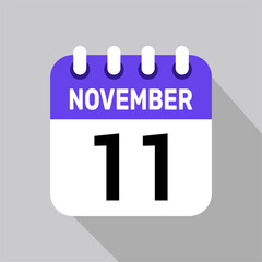 calendar 11 november icon vector date background. Vector schedule symbol.