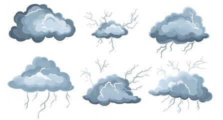 Clipart set of gray storm clouds with lightning, white background