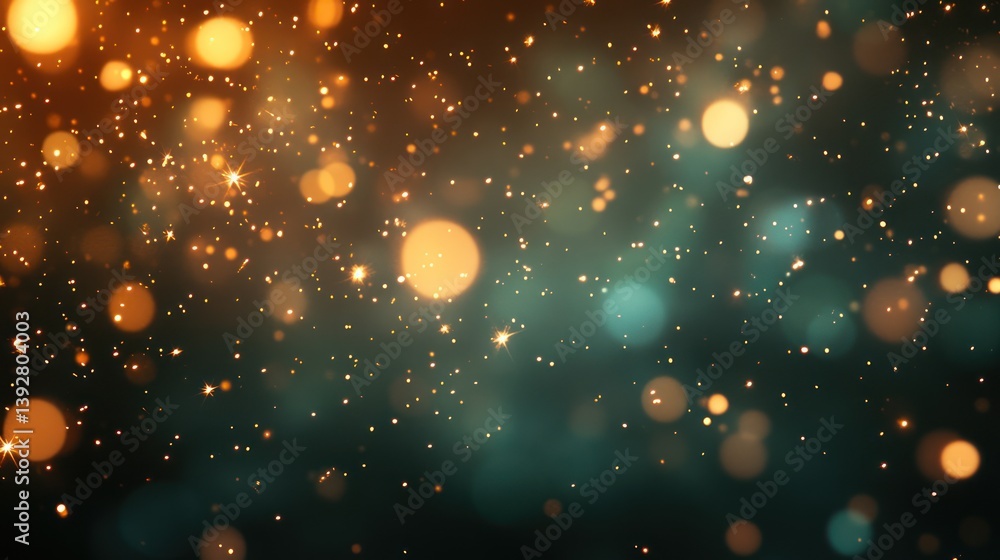 Poster abstract bokeh background with gold and teal lights.