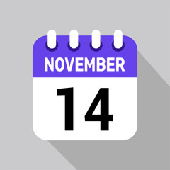 calendar 14 november icon vector date background. Vector schedule symbol.