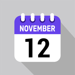 calendar 12 november icon vector date background. Vector schedule symbol.