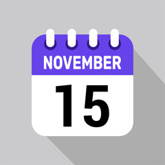 calendar 15 november icon vector date background. Vector schedule symbol.