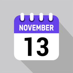 calendar 13 november icon vector date background. Vector schedule symbol.