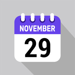 calendar 29 november icon vector date background. Vector schedule symbol.