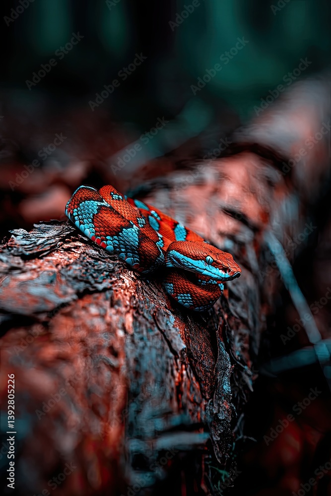 Poster realistic representation of mythological hindu creatures featuring a colorful snake on textured log 
