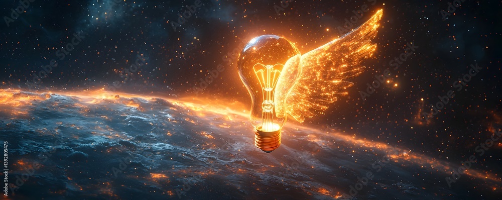 Poster glowing lightbulb floating in space symbolizing innovative ideas for space