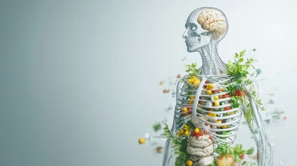 Transparent human anatomy with healthy food.