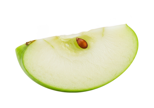 A slice of green apple with a seed on a plain background on transparent background