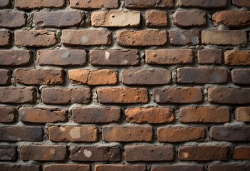 Fototapeta premium Textured Brick Wall Surface With Earthy Brown Tones. Aged Bricks Show Wear With Cracks And Weathered Stone. Old Brickwork Provides Rustic Building Background, And Adds A Rough, Warm Architectural