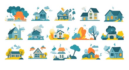 Obraz premium Flat cartoon set of natural disasters and storms