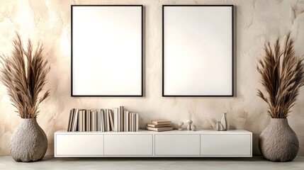 Modern Minimalist Interior Decor with Blank Frames and Elegant Vases on a White Furniture Shelf