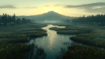 Fototapeta premium Misty Sunrise Over Swampy Forest