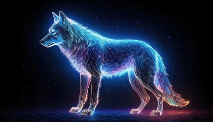 Futuristic neon wolf stands alert in a digital landscape illustration