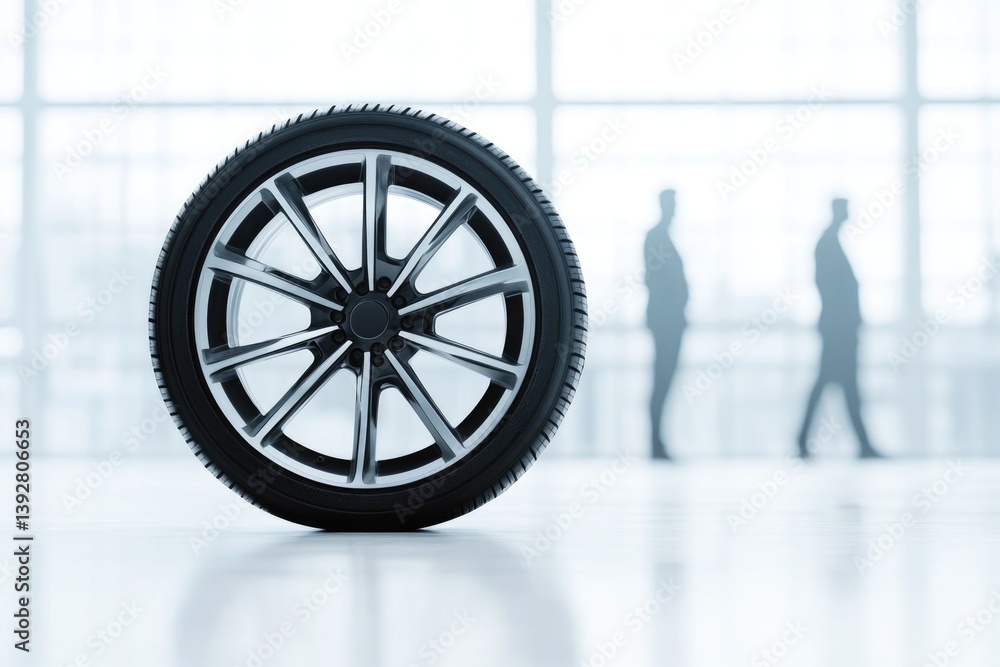 Poster sleek tire and rim display on pristine uncluttered background with softened human silhouettes behind