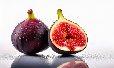 Luxury close-up of a ripe fig sliced open, soft backlight glow, gentle water droplets, elegant surface reflection on glossy white background