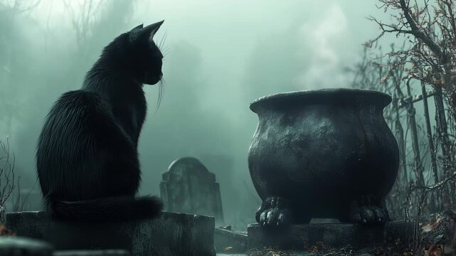 Mysterious black cat watches over bubbling cauldron in eerie graveyard setting