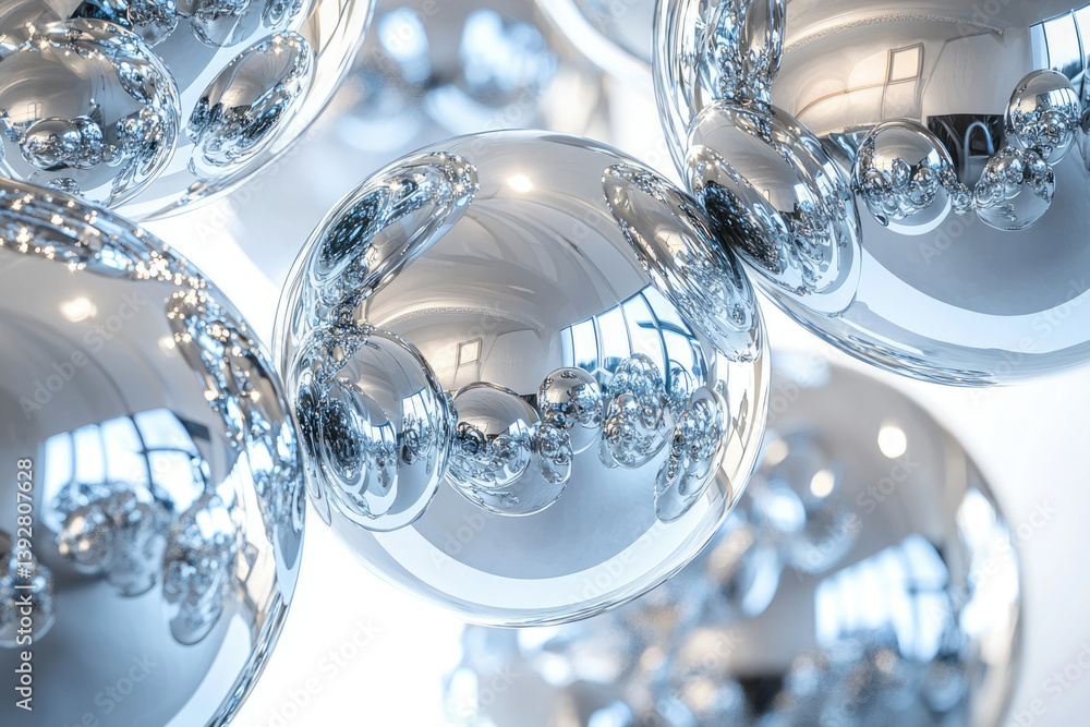 Aufkleber a mesmerizing cluster of shiny, silver spheres reflecting the surrounding environment with crisp cla