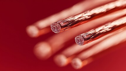 Stripped electrical wire with copper strands on red background, closeup