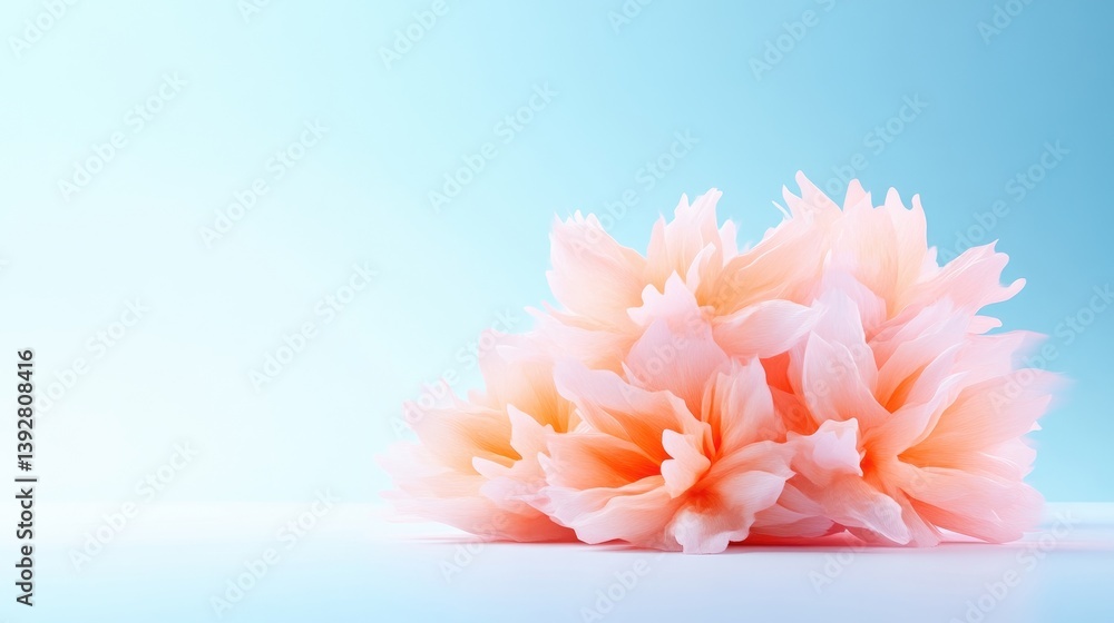 Poster delicate peach flower arrangement against a soft blue backdrop. a gentle, pastel-toned peach flower 