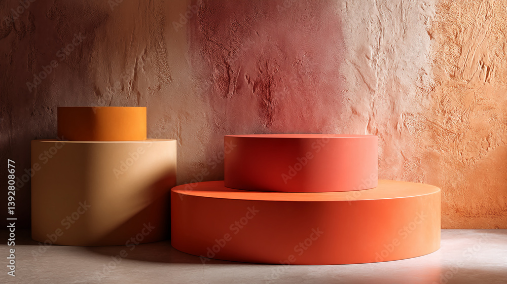 Poster three cylindrical platforms in orange and beige tones against a textured wall, creating a minimalist