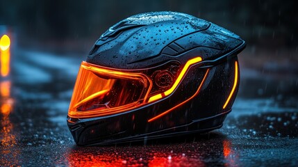 Modern, rain-slicked motorcycle helmet with illuminated accents